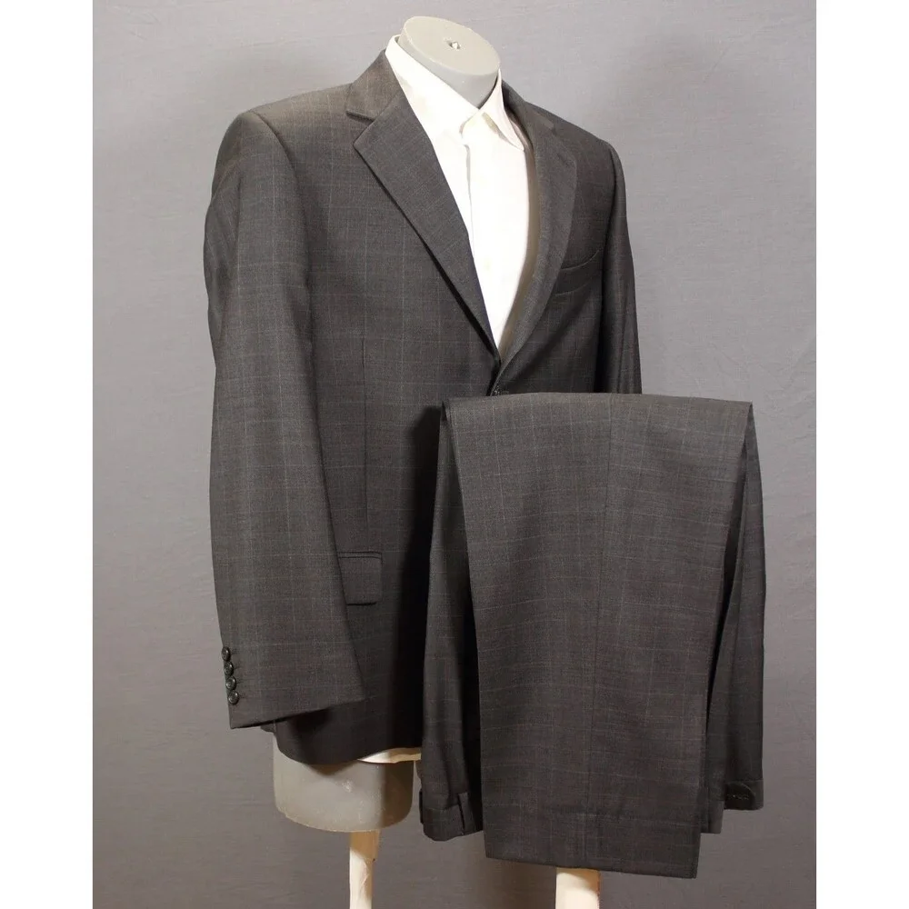 Zen Life by Zanetti 2 Piece Suit Mens Gray Checked Woo 42L Pleated 36